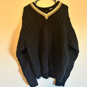 Vintage Gap Black Heavy Cable Knit V Neck Sweater 100% Cotton Mens XL